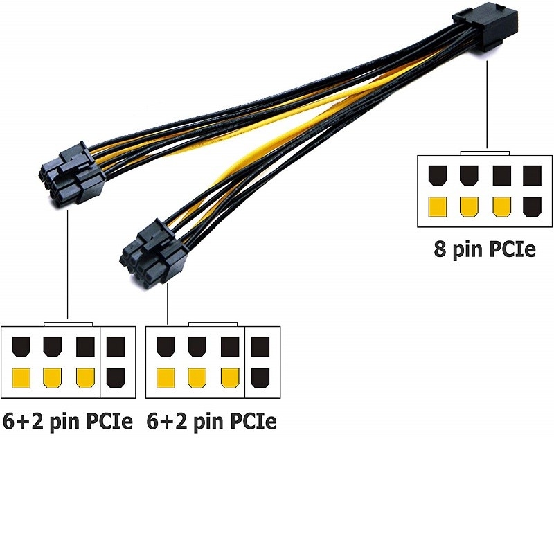 La femmina di Pcie 8pin da raddoppiarsi convertitore di potere del separatore del VGA del maschio 2pin di PciE 6 cabla 18awg 20cm per la scheda video di Gpu dei grafici